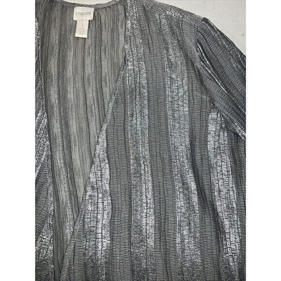 Chicos Womens Size 1 Open Front Cardigan Silver Metallic Polyester- Great Cond - Picture 5 of 8